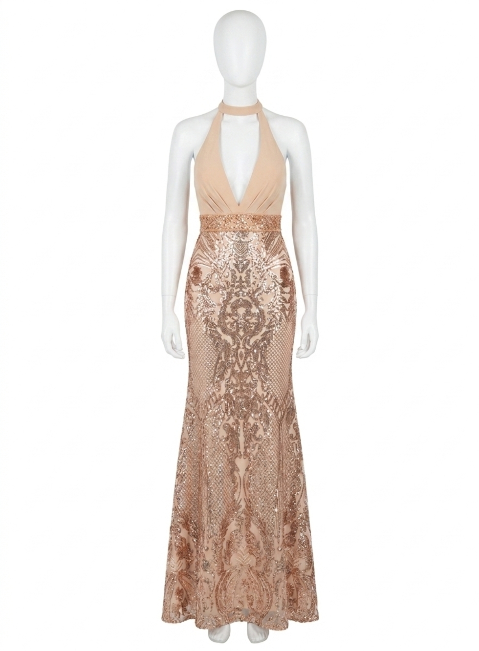 NEW RACHEL ALLAN plunging neckline sequin prom dress in rose gold